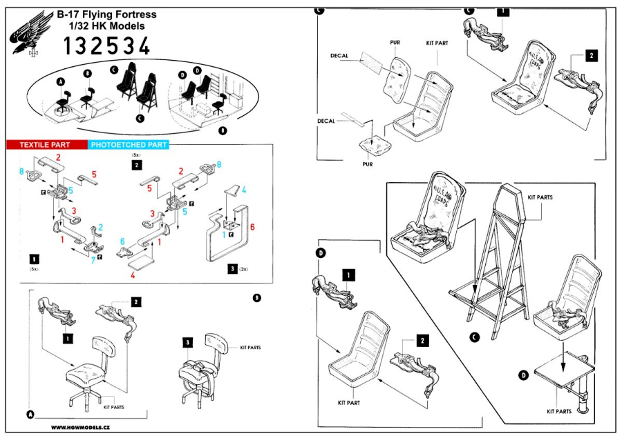 1/32 B-17 + Seat - Fabric Seat Belts  - pre-cut (laser) resin seat HK Models