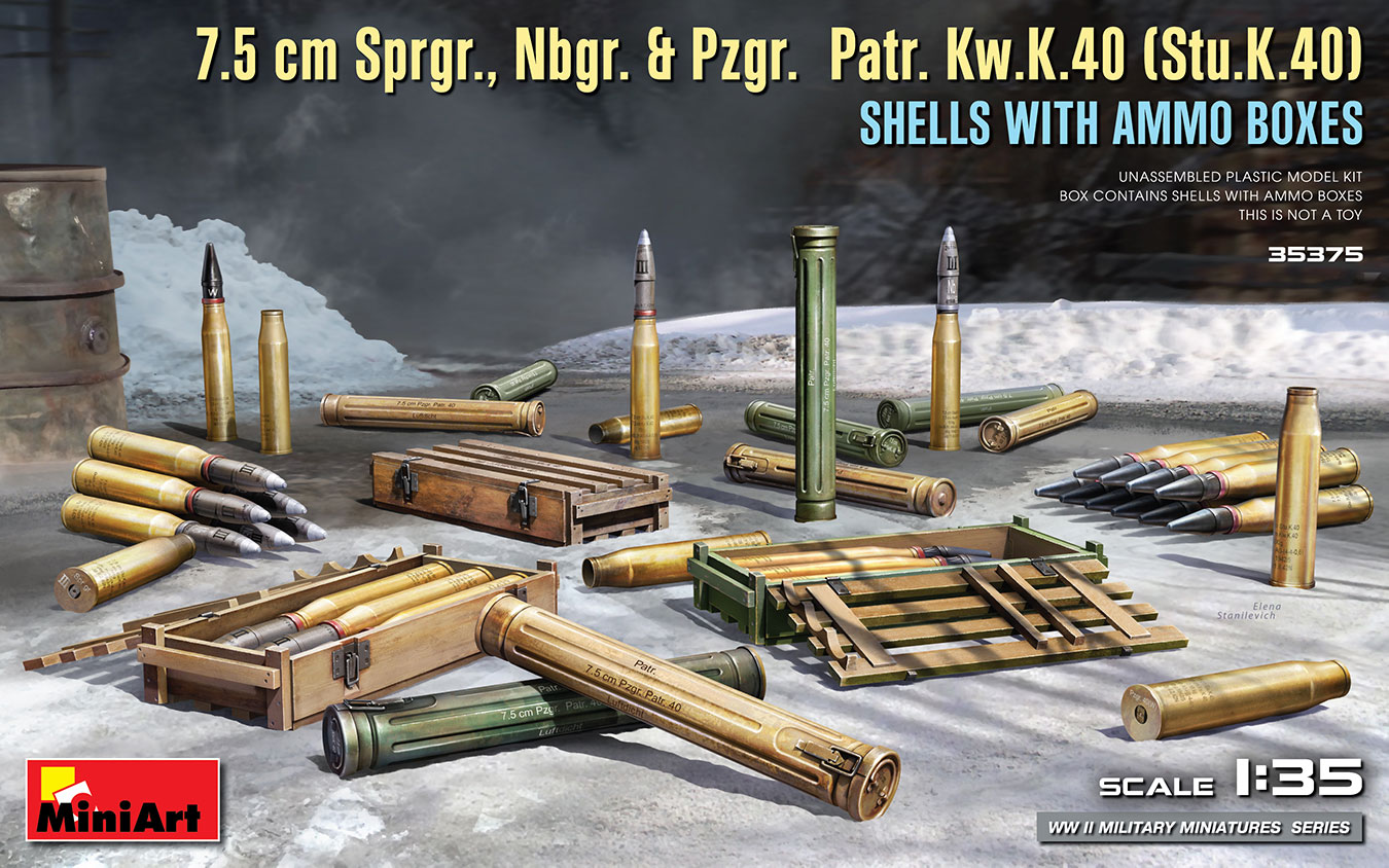 1/35 7.5 cm Sprgr., Nbgr. & Pzgr.  Patr. Kw.K.40 (Stu.K.40)  Shells with Ammo Boxes - Miniart