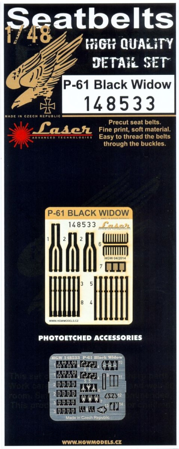 1/48 P-61 Black Widow - Microplastic Seat Belts - pre-cut (laser) GreatWall, Monogr., Revell